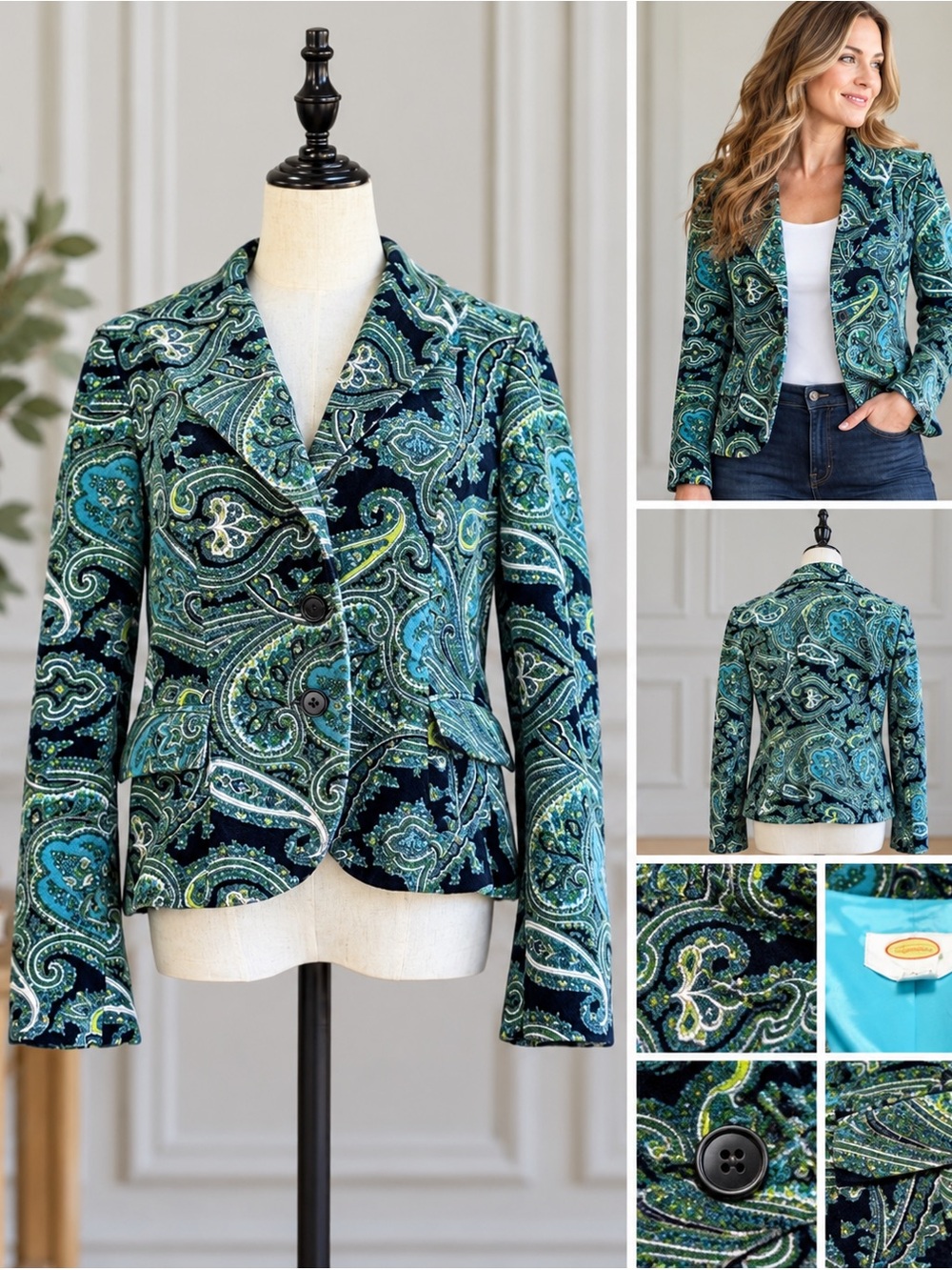 Talbots Velvet Paisley Blazer Size 8 Blue Green Scottie Dog Print